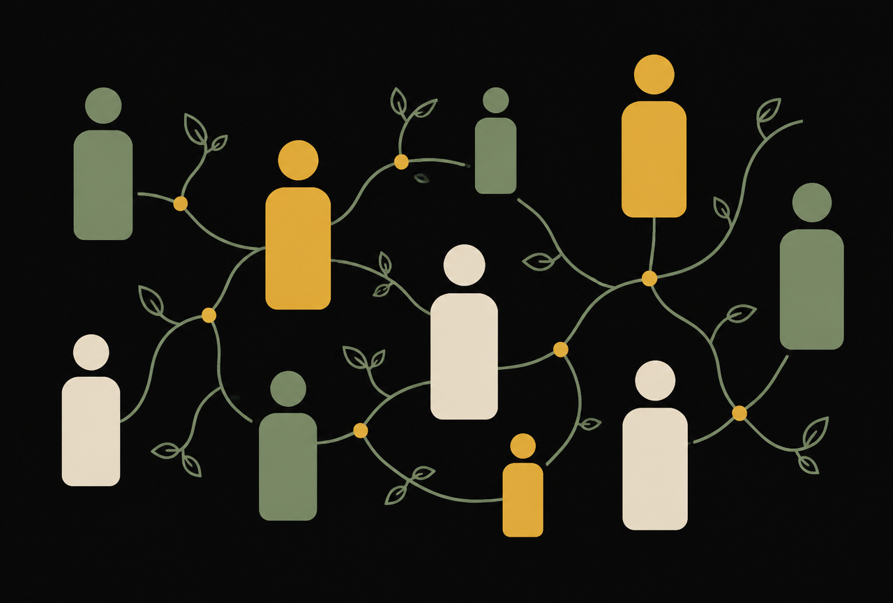 Illustration of people connected to one another by branching vine lines