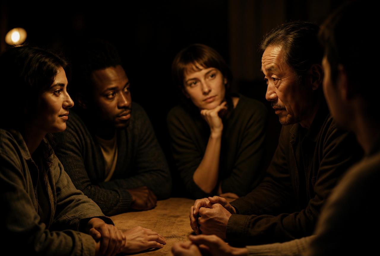 A small group talking together around a table by lamplight